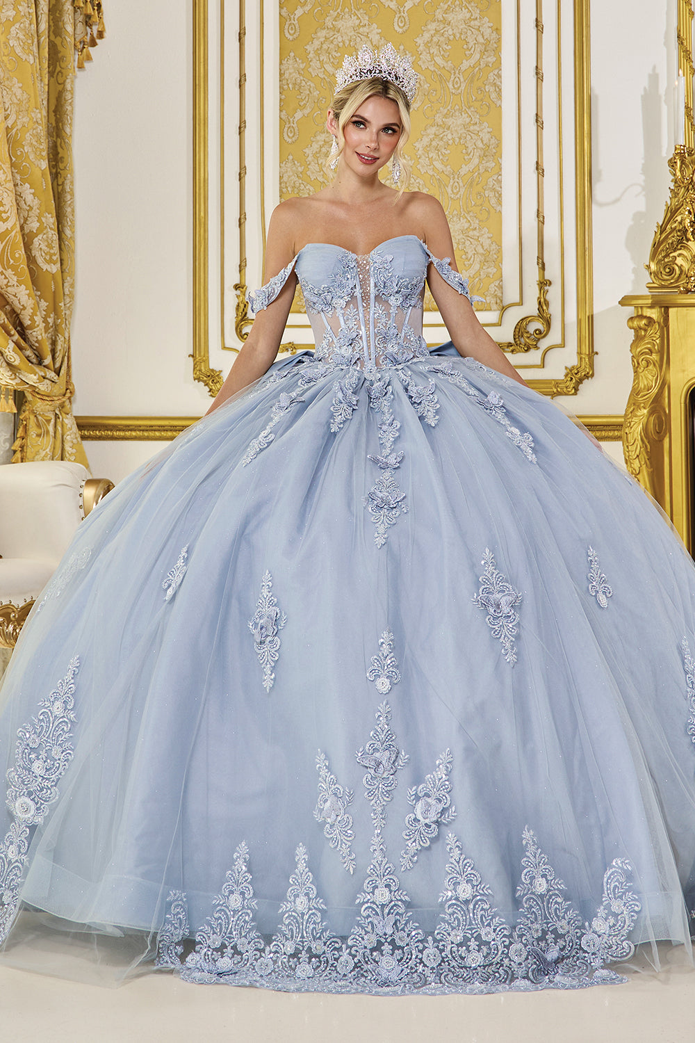 Off Shoulder Floral Corset Ball Gown with Embroidered Skirt (5000)