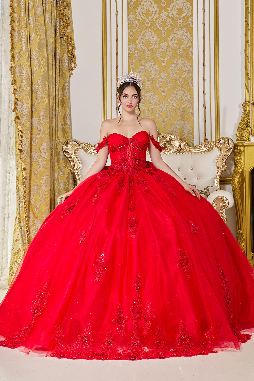 Off Shoulder Floral Corset Ball Gown with Embroidered Skirt (5000)