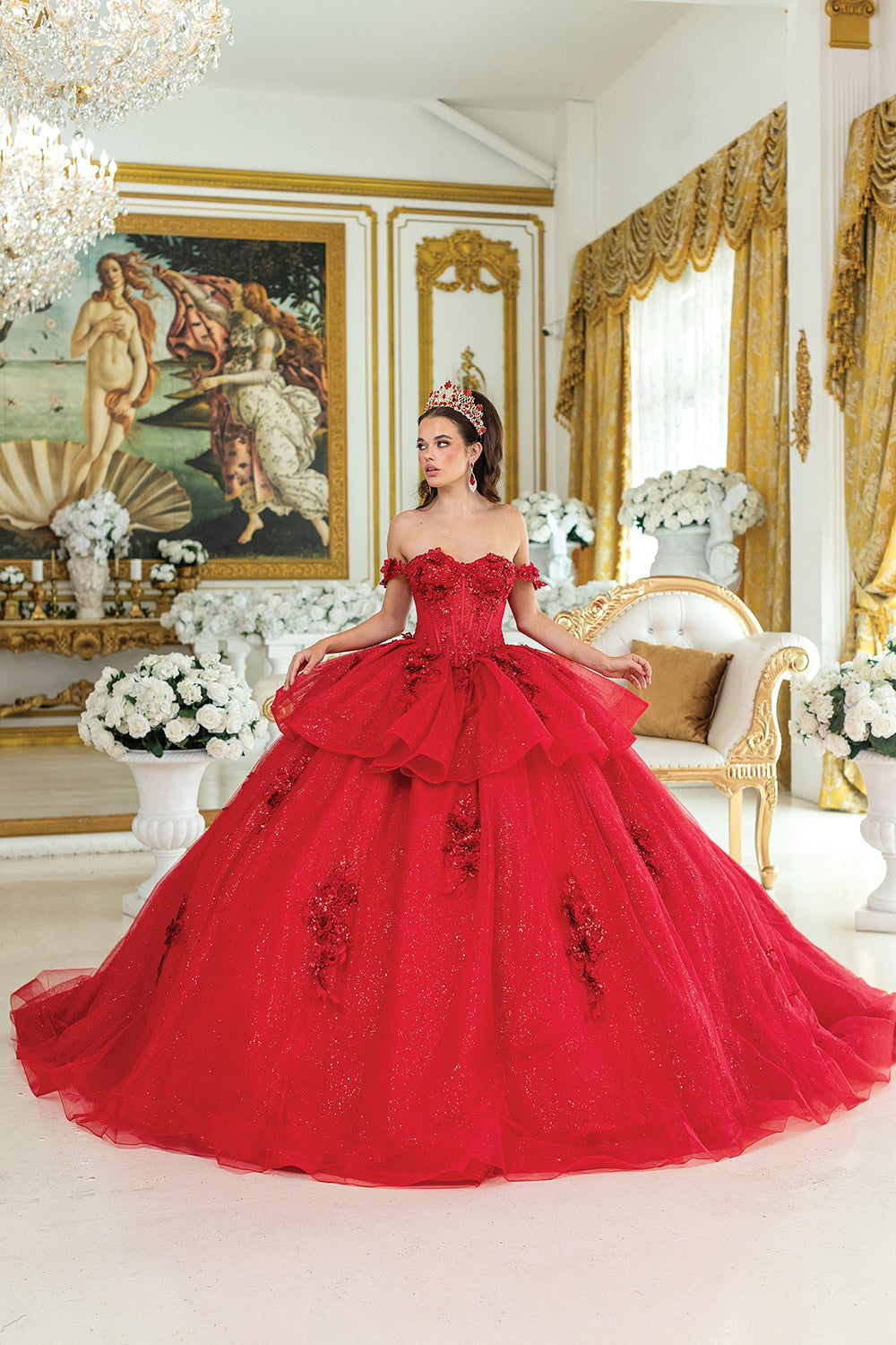 Off Shoulder Floral Embroidered Ball Gown with Ruffled Waist (5015)