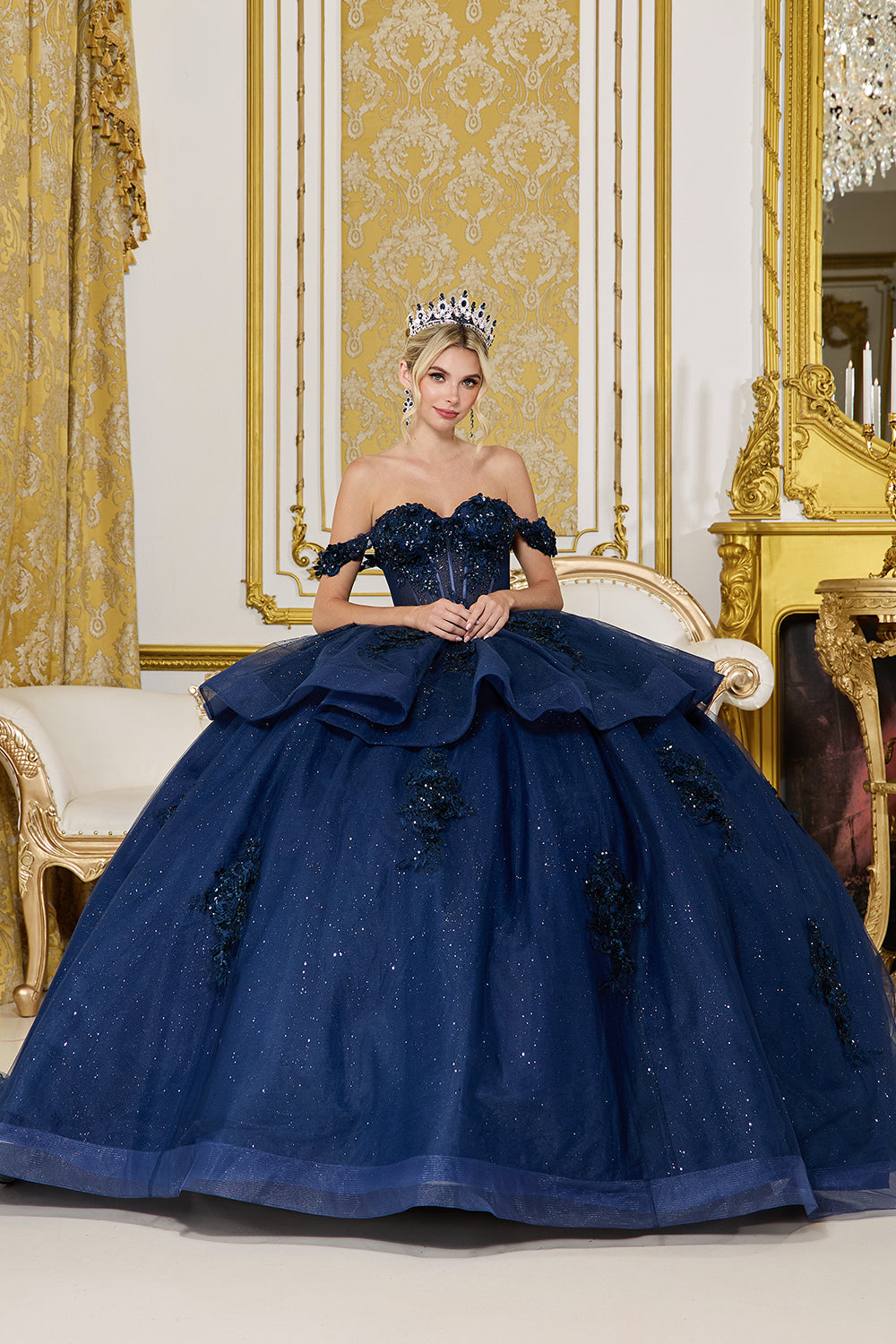 Off Shoulder Floral Embroidered Ball Gown with Ruffled Waist (5015)