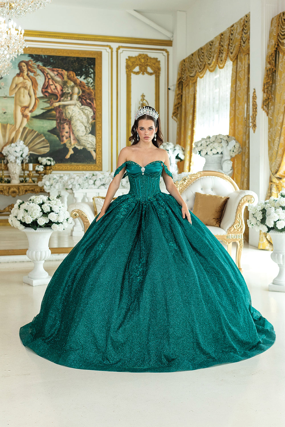 Off Shoulder Corset Ball Gown with Draped Sleeves and Glitter Skirt (5035)