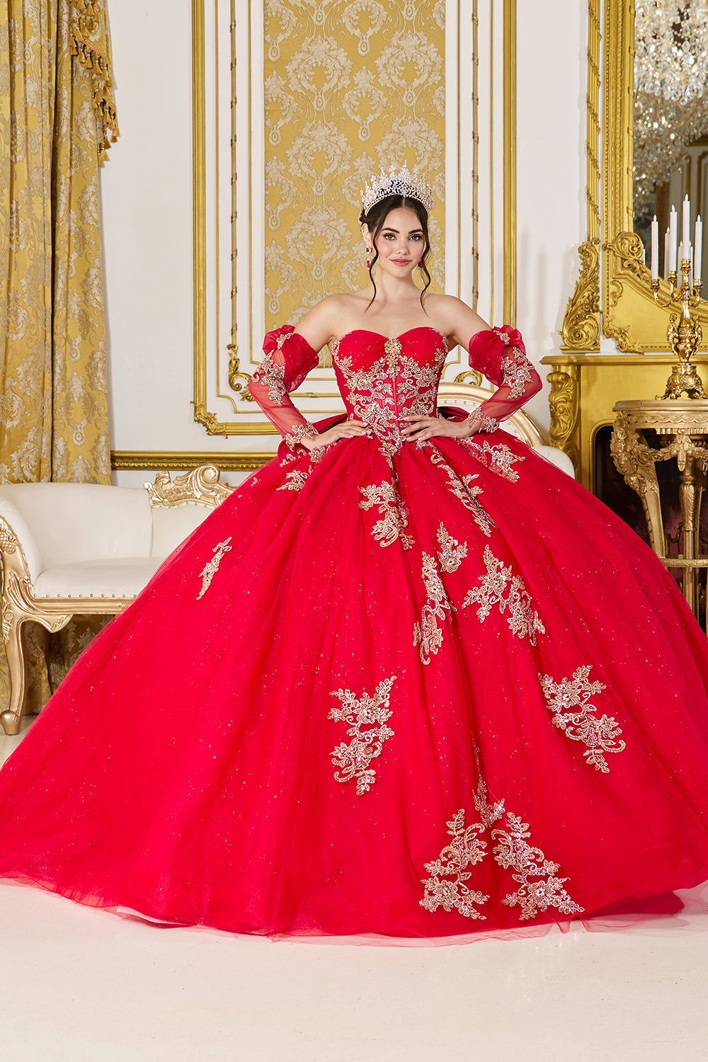 Strapless Corset Ball Gown with Glitter Tulle and Detachable Sleeves (5051)