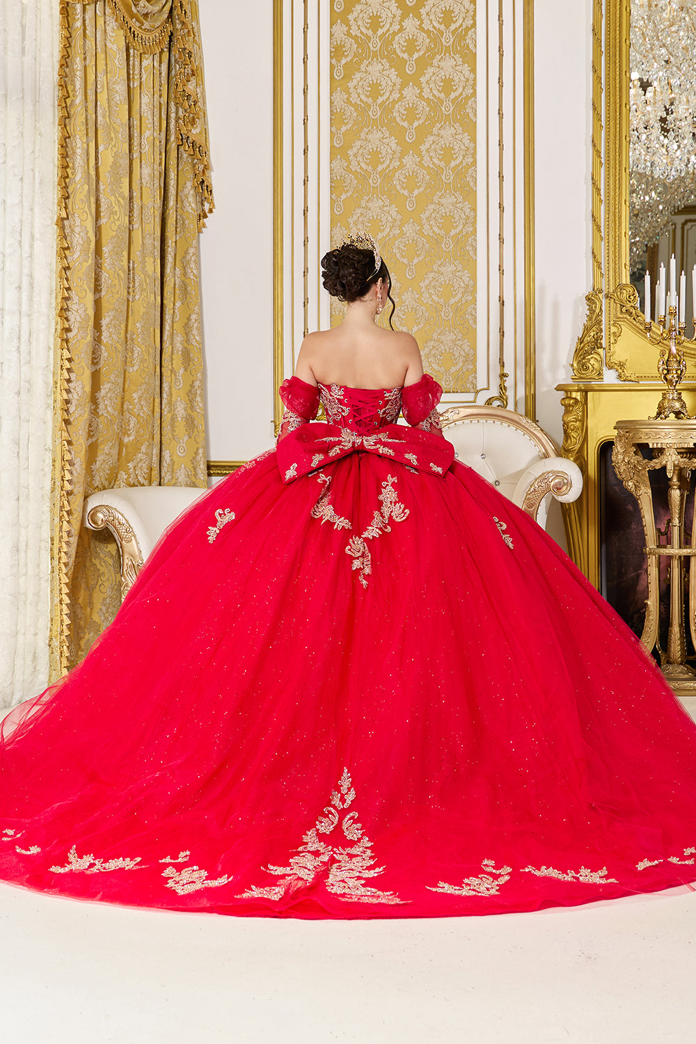 Strapless Corset Ball Gown with Glitter Tulle and Detachable Sleeves (5051)