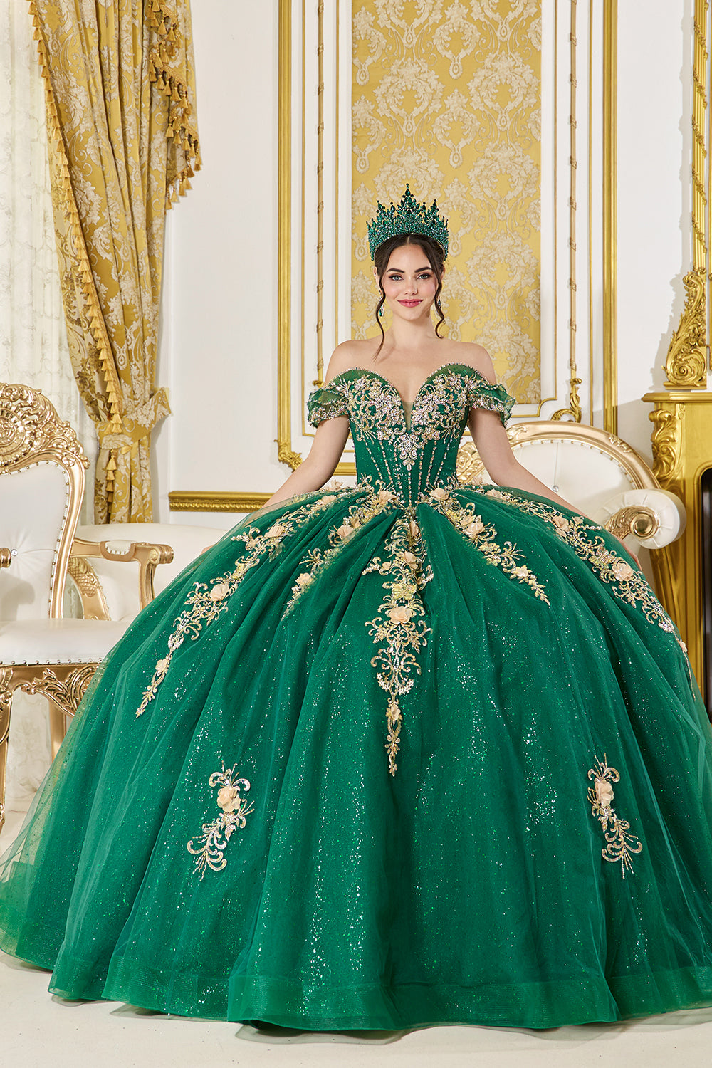 Off Shoulder Embroidered Corset Ball Gown with Glitter Tulle Skirt (5060)