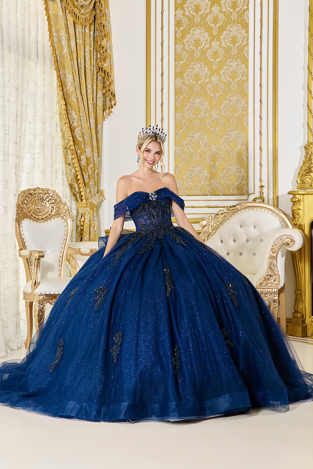 Off Shoulder Sweetheart Sheer Corset Ball Gown with Glitter Tulle Skirt (5075)