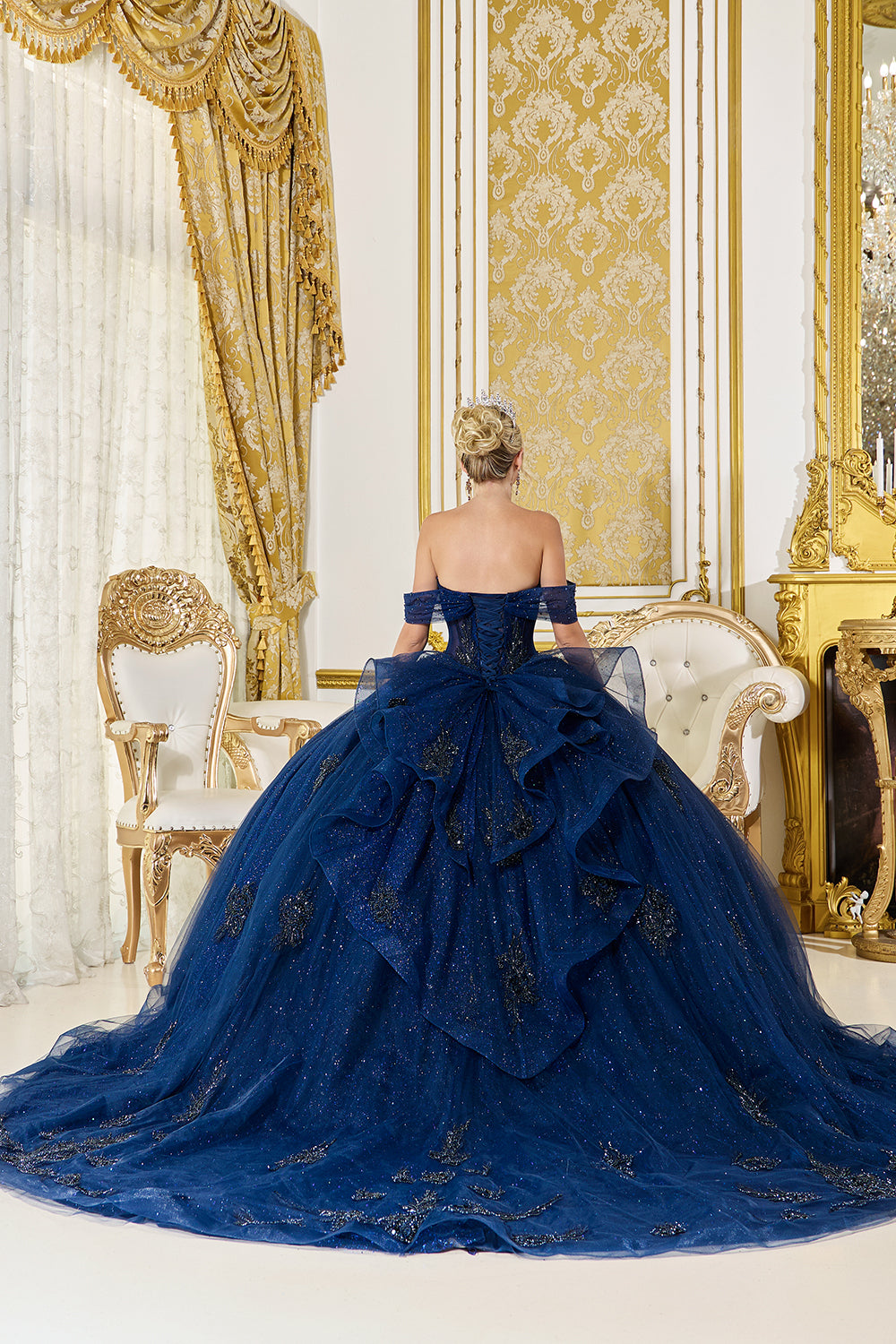 Off Shoulder Sweetheart Sheer Corset Ball Gown with Glitter Tulle Skirt (5075)