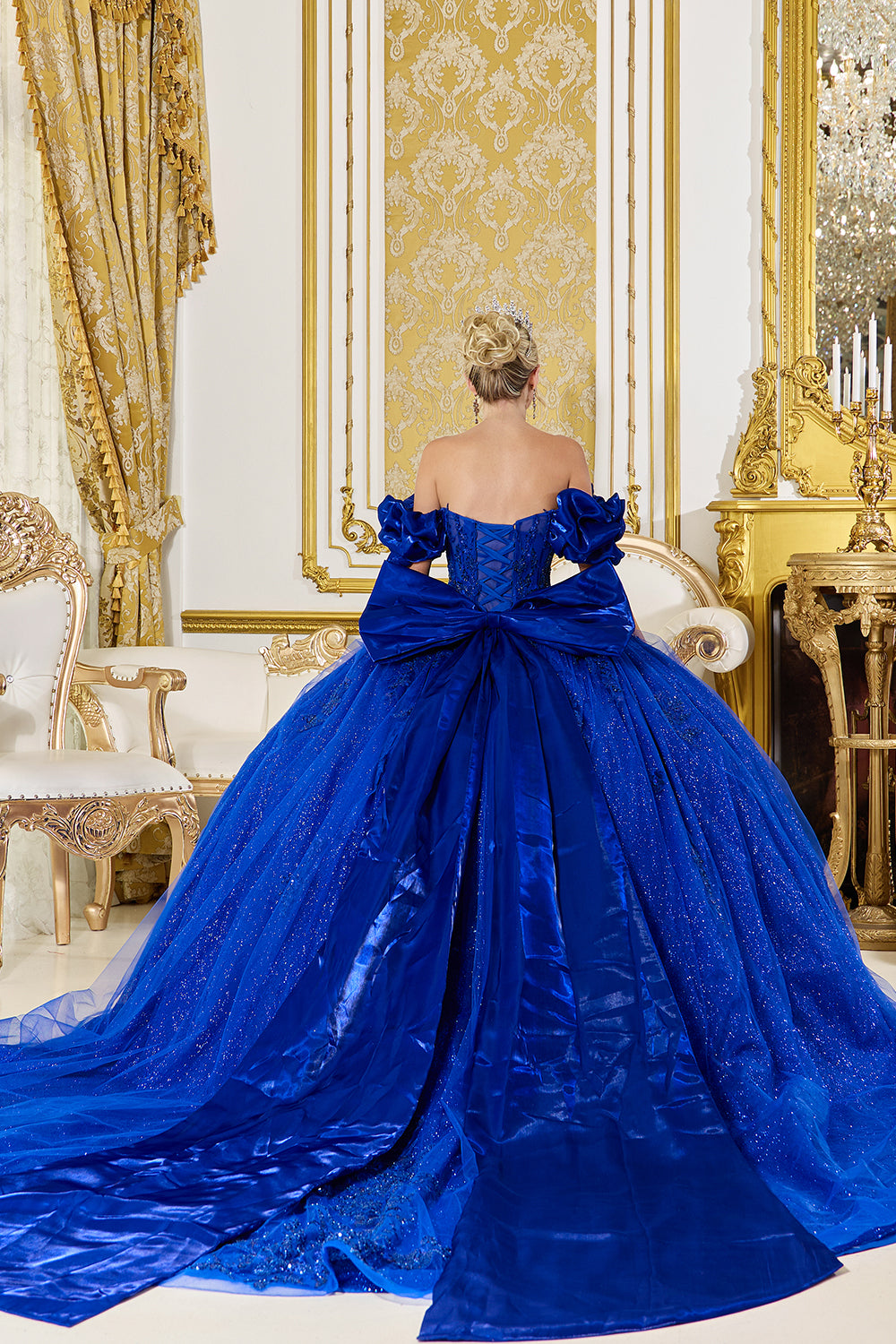 Off Shoulder Sweetheart Corset Ball Gown with Puff Sleeves and Glitter Tulle (5080)
