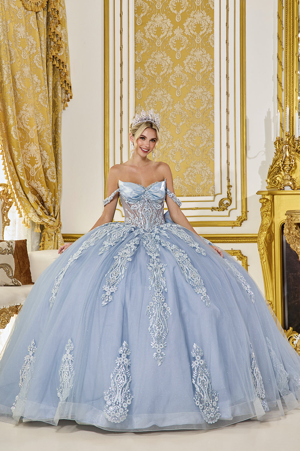 Off Shoulder Beaded Corset Ball Gown with Layered Tulle Skirt (5087)