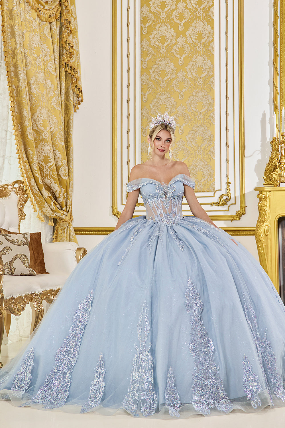 Off Shoulder Sweetheart Corset Ball Gown with Sequin Lace Applique (5089)