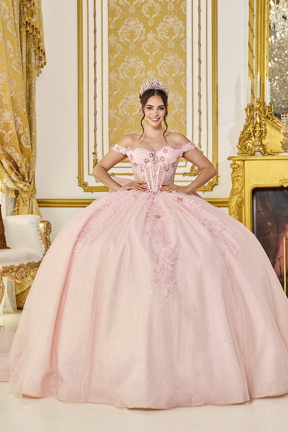 Off-Shoulder-Floral-Corset-Ball-Gown-with-Beaded-Applique-(5090)