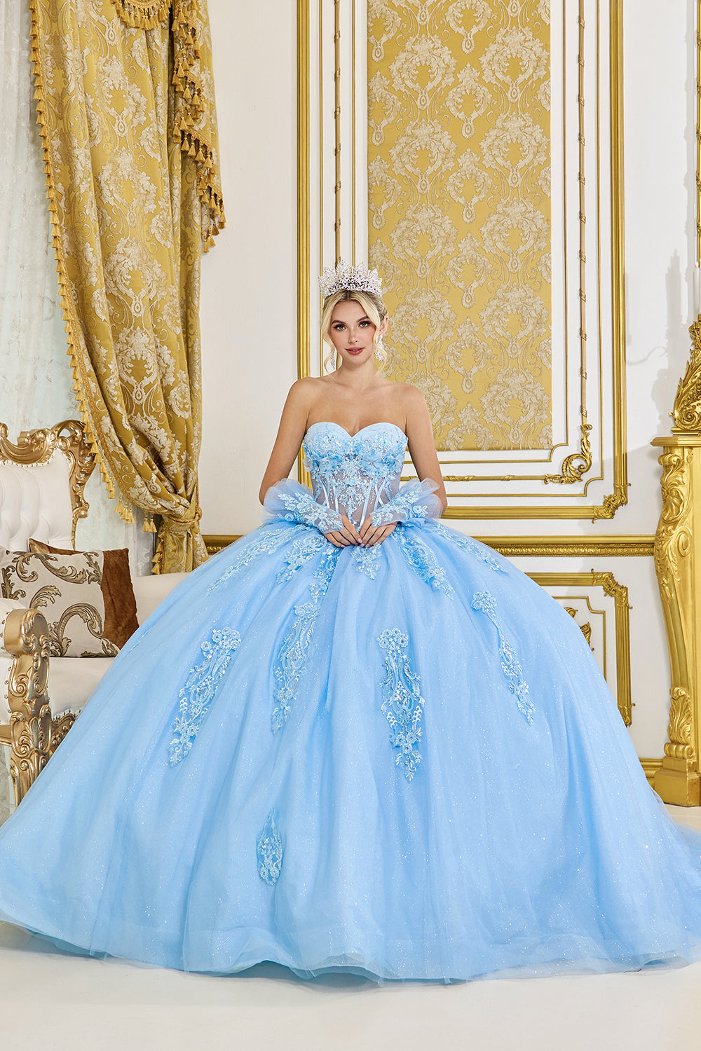 Strapless Sweetheart Corset Ball Gown with Embroidered Lace and Tulle Skirt (5091)