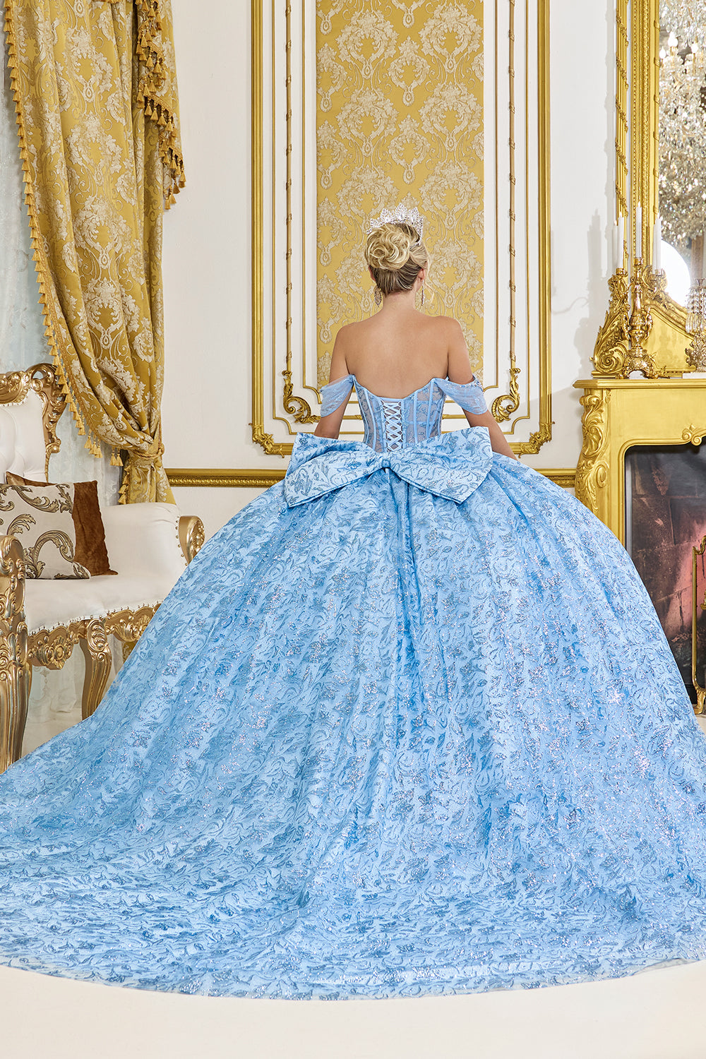 Off Shoulder 3D Floral Corset Ball Gown with Full Skirt (5095)