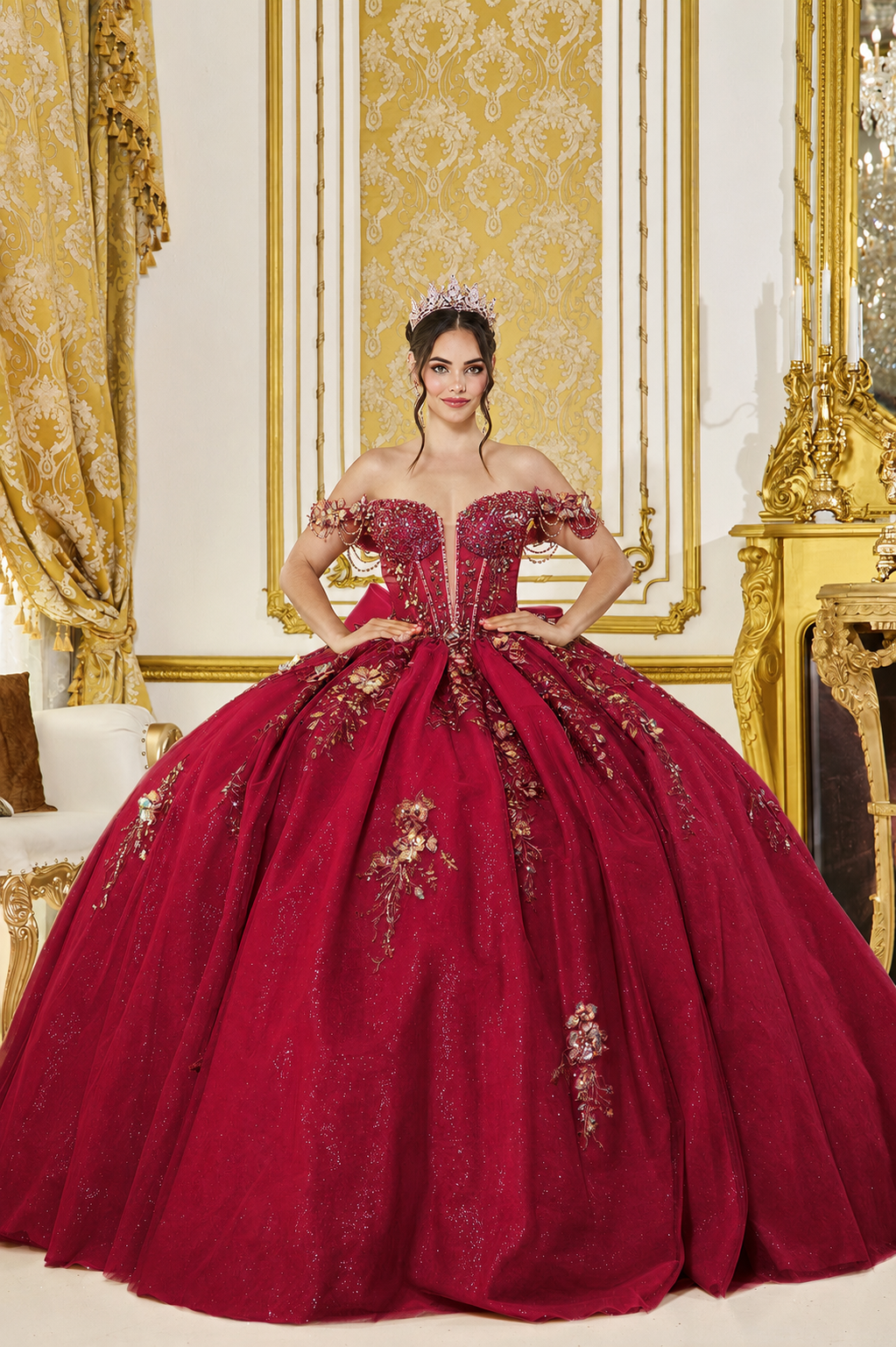 Regal Off-Shoulder Quinceañera Ball Gown with Beaded Appliqué and Statement Bow (5097)