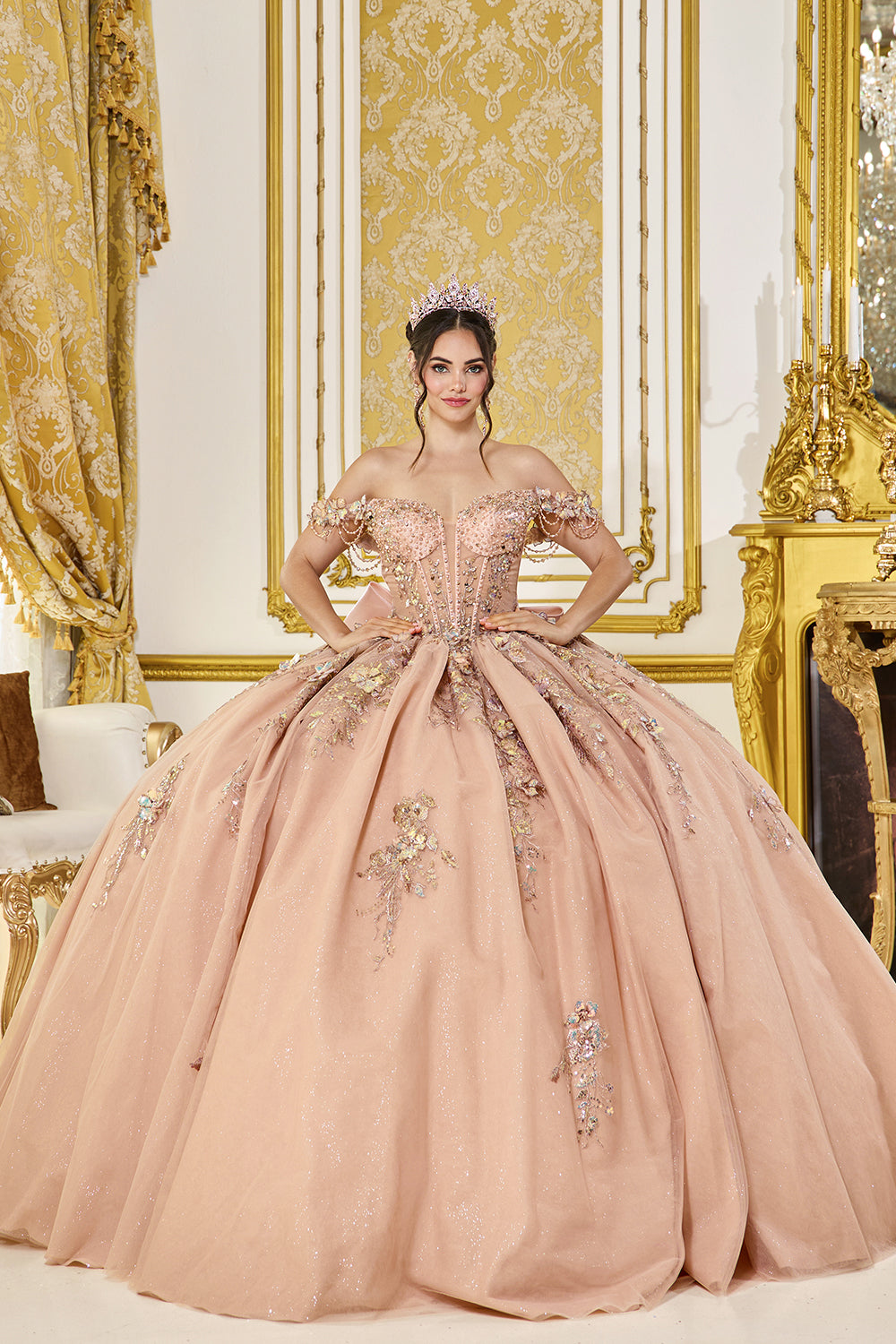 Regal Off-Shoulder Quinceañera Ball Gown with Beaded Appliqué and Statement Bow (5097)