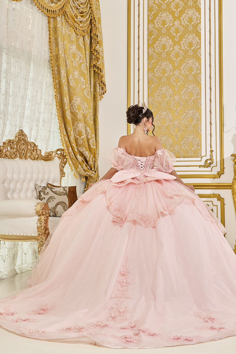 Off Shoulder Floral Corset Ball Gown with Layered Glitter Tulle Skirt (5099)