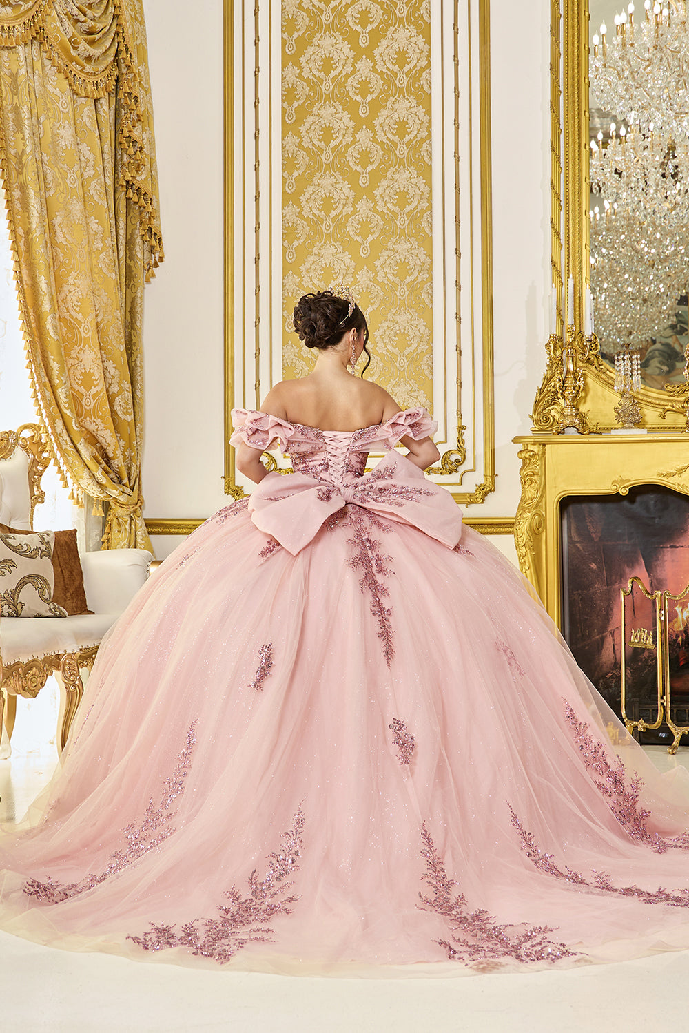 Off Shoulder Ruffle Corset Ball Gown with Beaded Floral Bodice (5106)