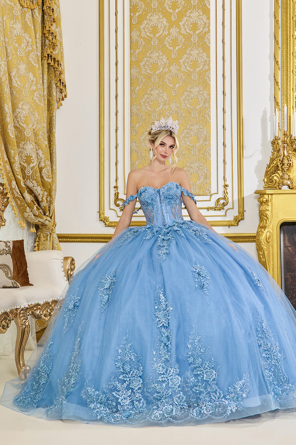 Off Shoulder Ruffle Sleeve Corset Ball Gown with Floral Applique (5117)