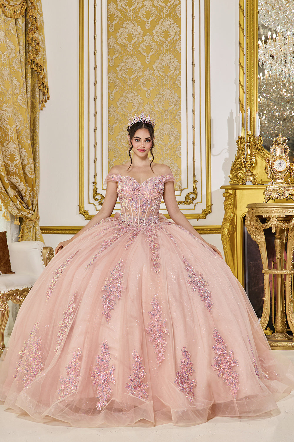 Off Shoulder Corset Ball Gown with Glitter Tulle and Applique Skirt (5121)