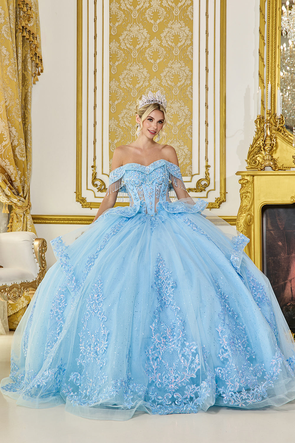 Off Shoulder Sweetheart Corset Ball Gown with Metallic Applique Skirt (5122)