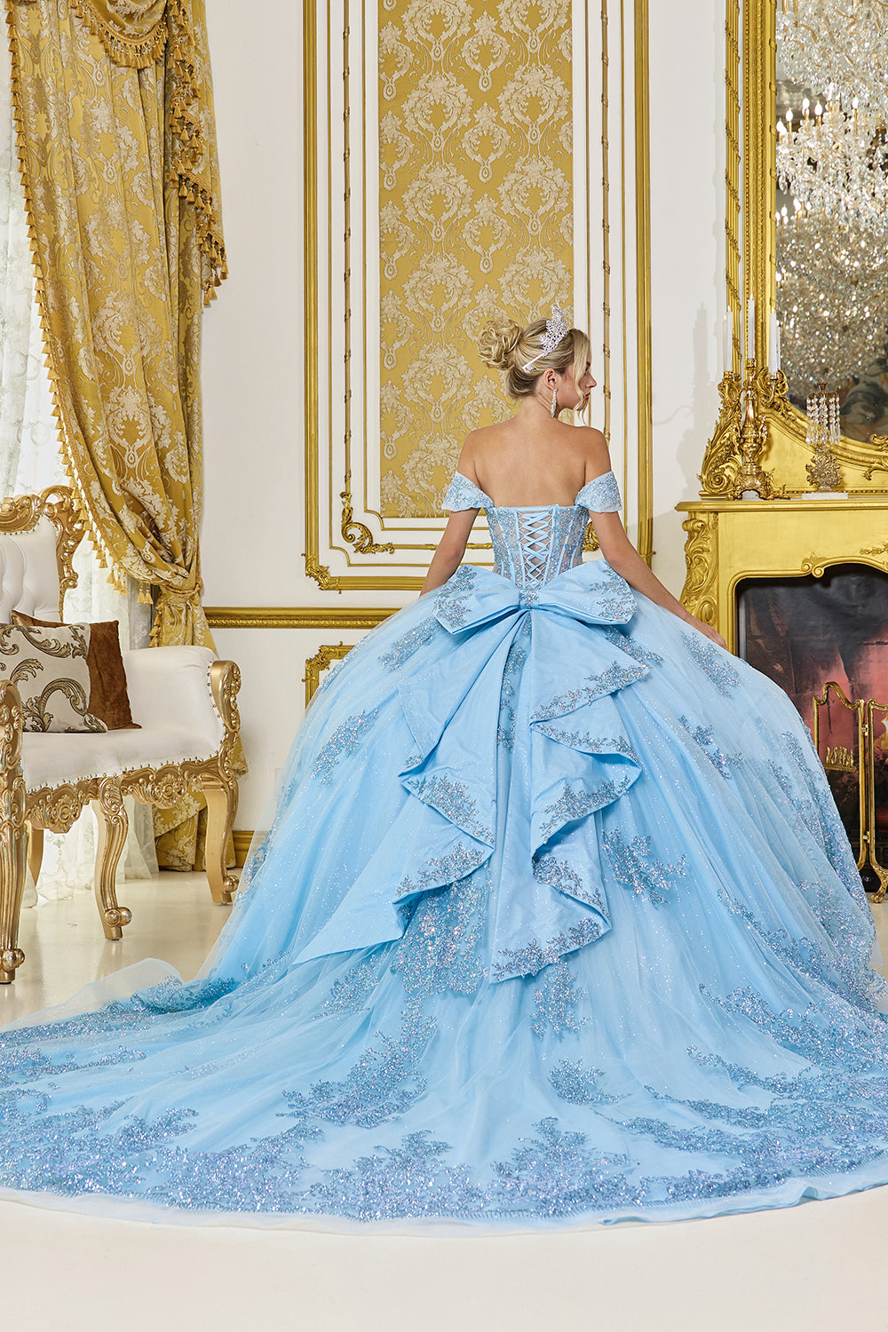 Off Shoulder Corset Ball Gown with Sequin Applique and Glitter Tulle Skirt (5123)