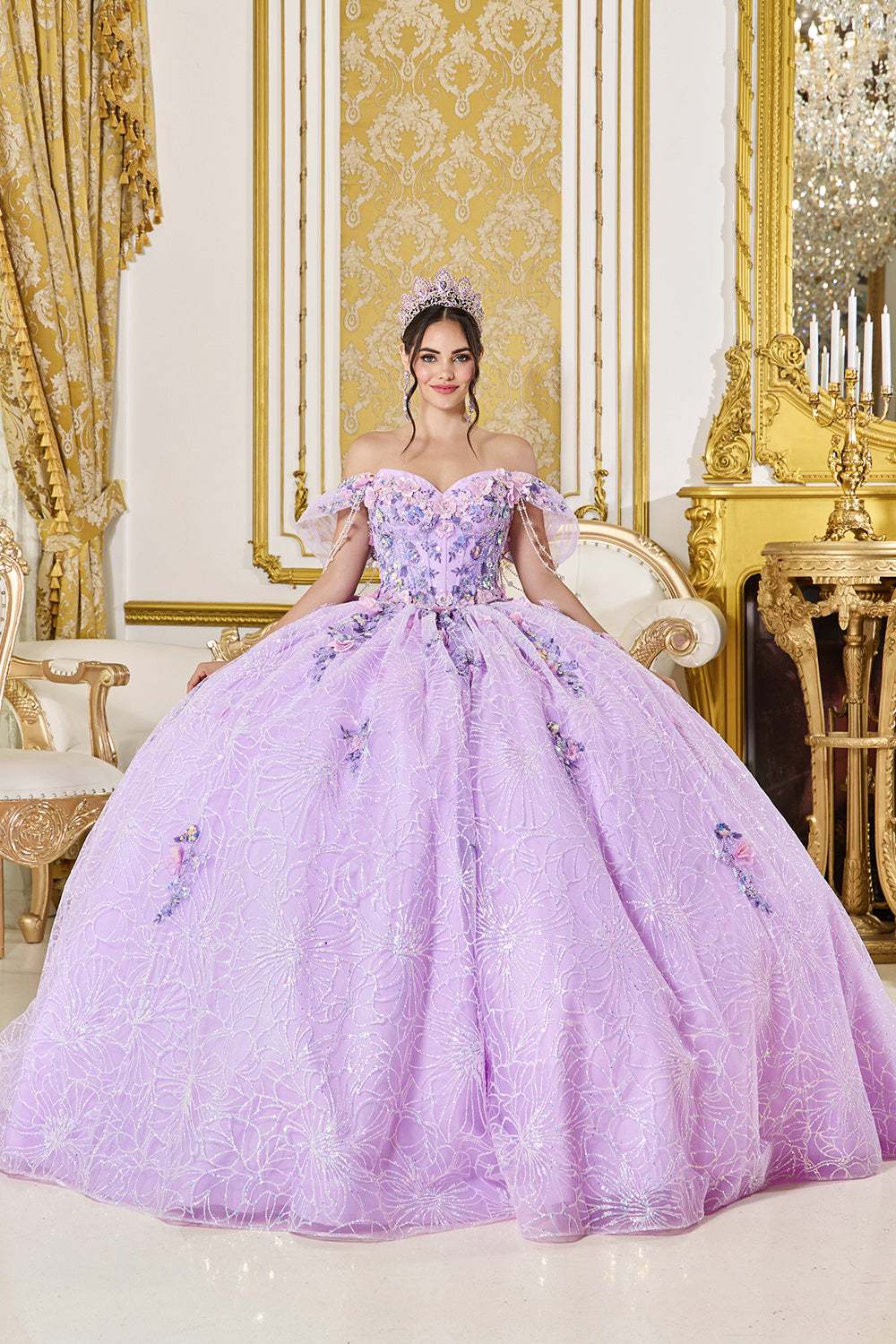 Off Shoulder Ruffle Sweetheart Ball Gown with Floral Applique Skirt (5127)