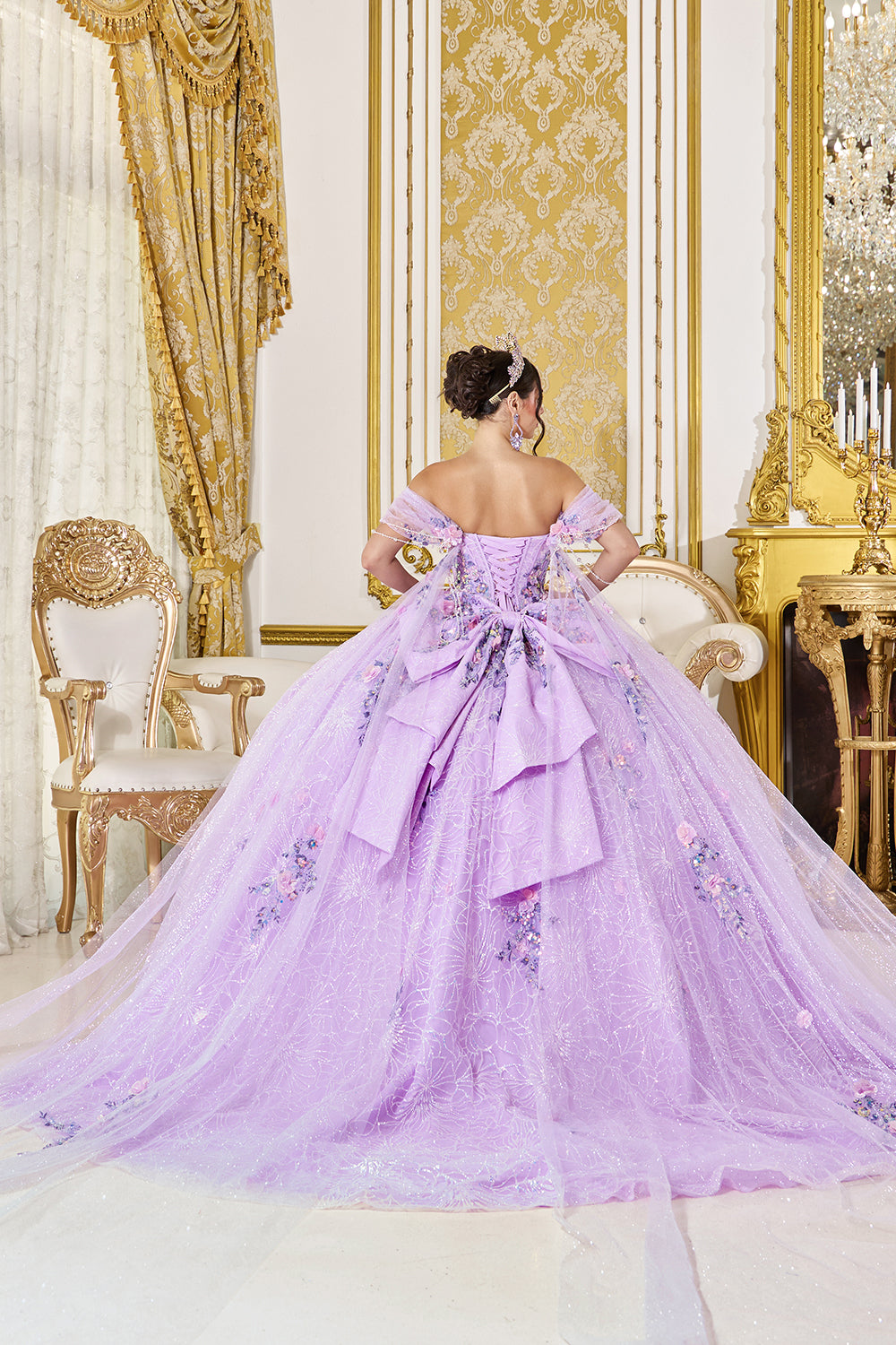 Off Shoulder Ruffle Sweetheart Ball Gown with Floral Applique Skirt (5127)
