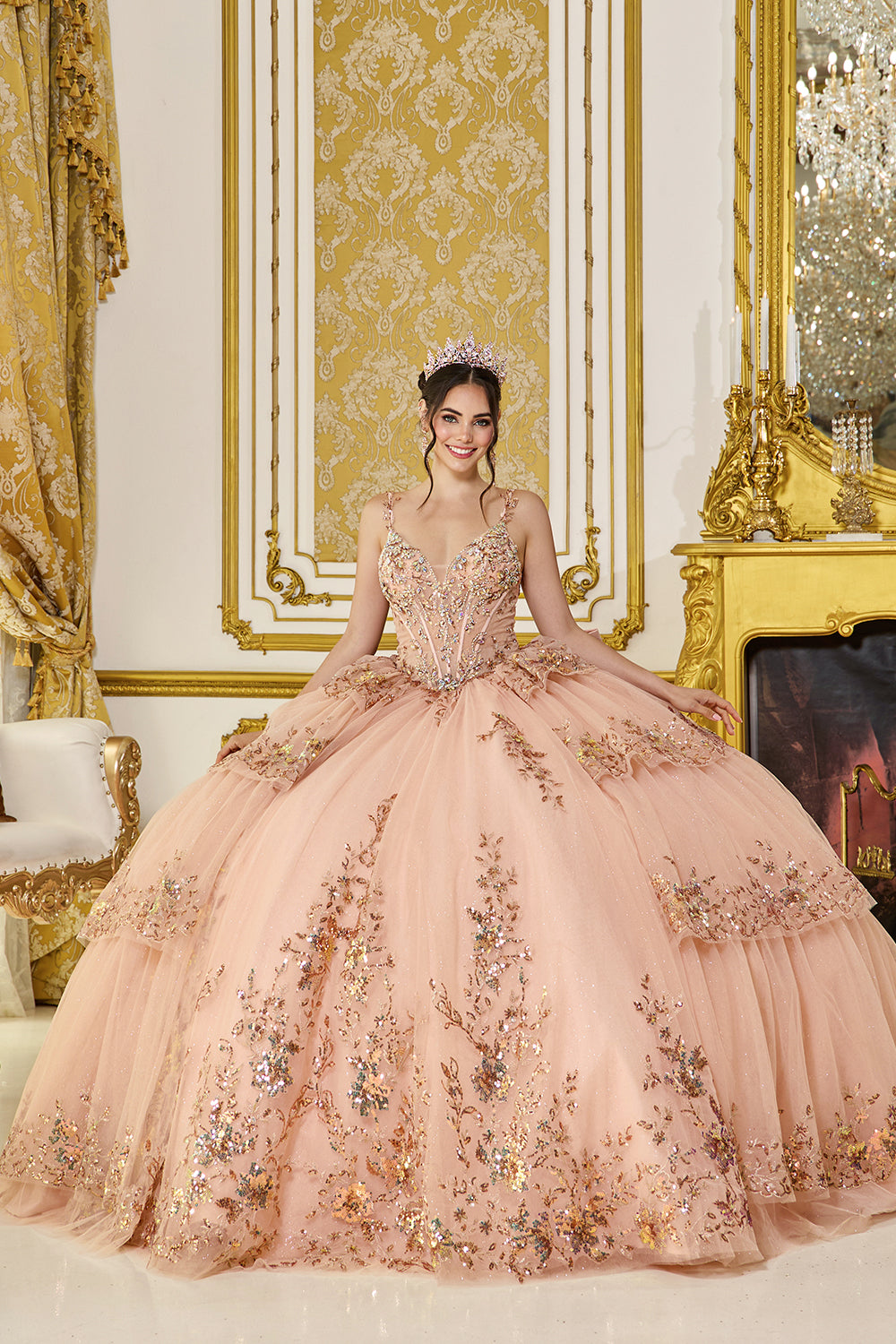 V-Neck Beaded Corset Ball Gown with Layered Tulle Skirt (5131)