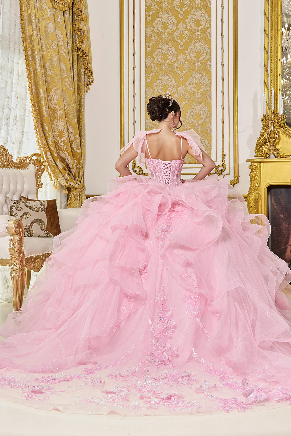 Off Shoulder Ruffle Corset Ball Gown with 3D Floral Applique (5132)