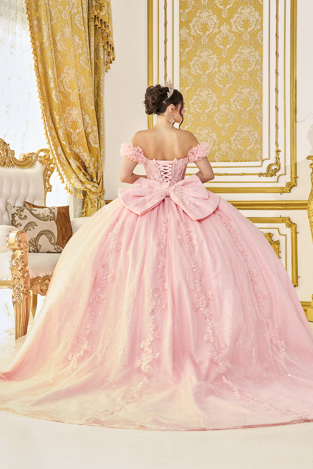 Off Shoulder Sweetheart Corset Ball Gown with Floral Applique and Layered Tulle Skirt (5134)
