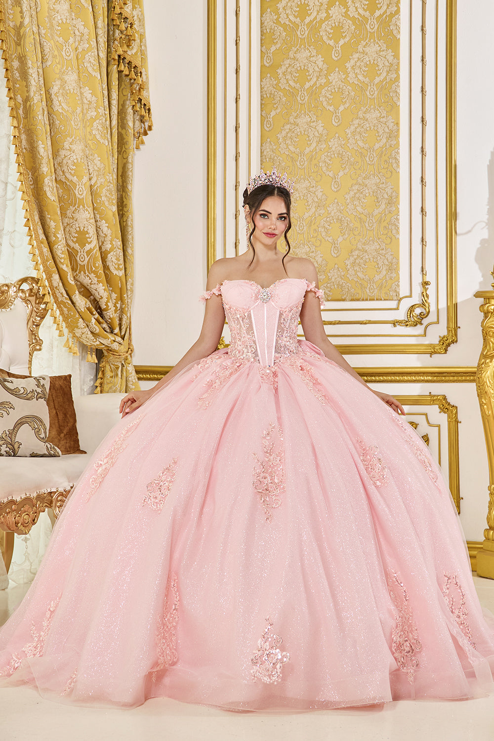Off Shoulder Sweetheart Corset Ball Gown with Glitter Tulle Skirt (5135)