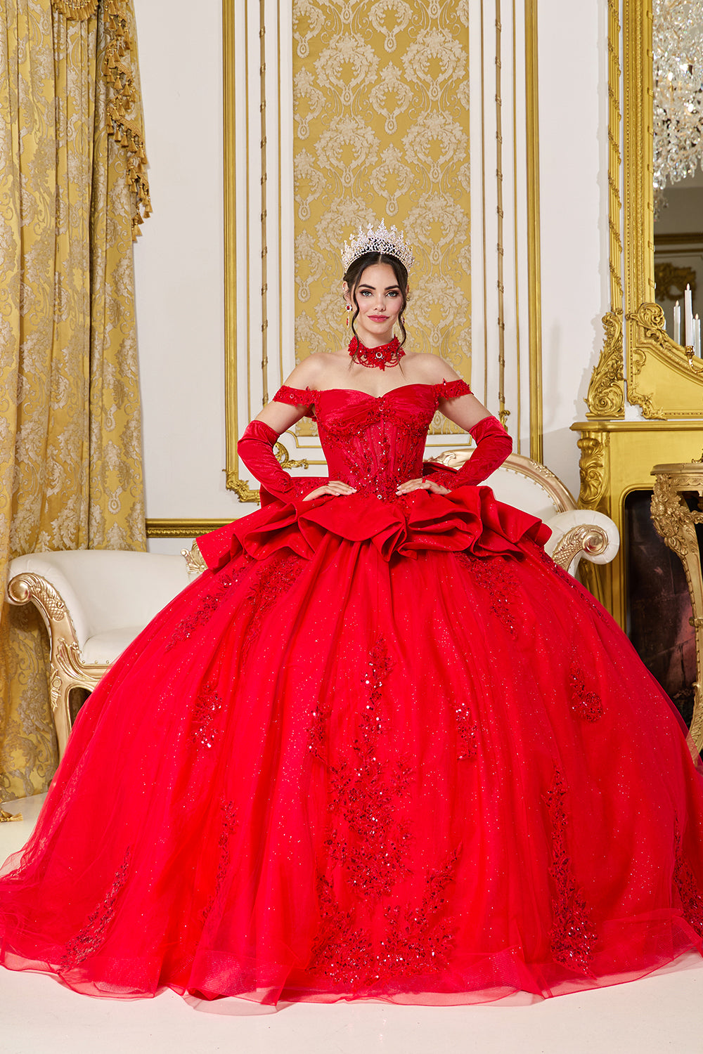 Off Shoulder Sweetheart Corset Ball Gown with Peplum Detail and Beaded Bodice (5138)