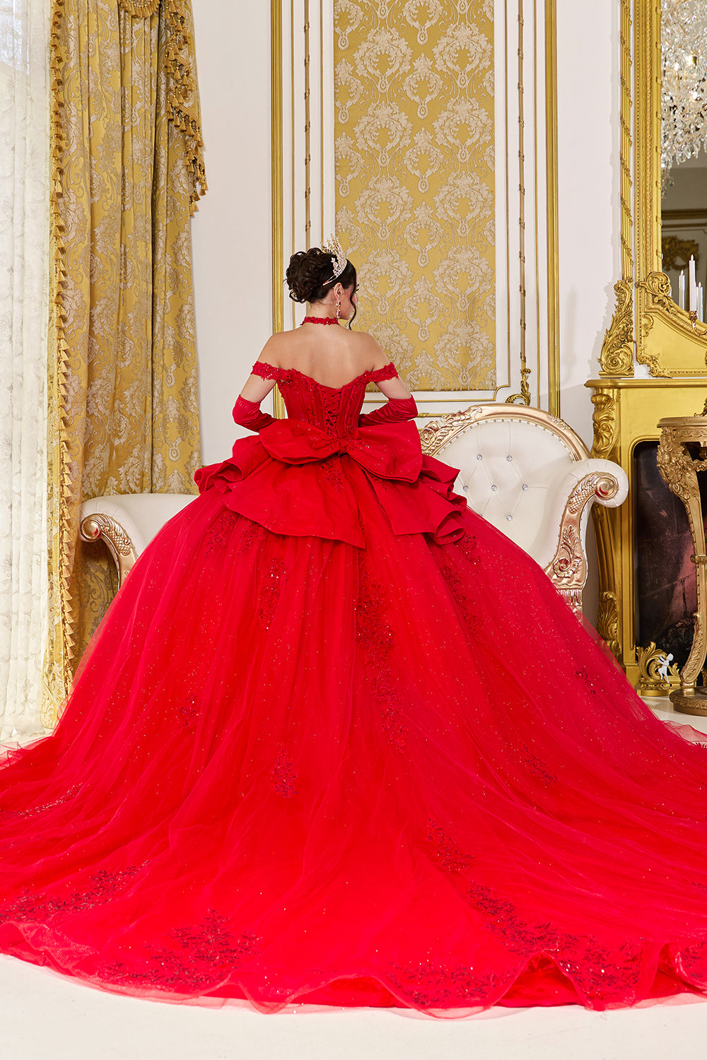Off Shoulder Sweetheart Corset Ball Gown with Peplum Detail and Beaded Bodice (5138)
