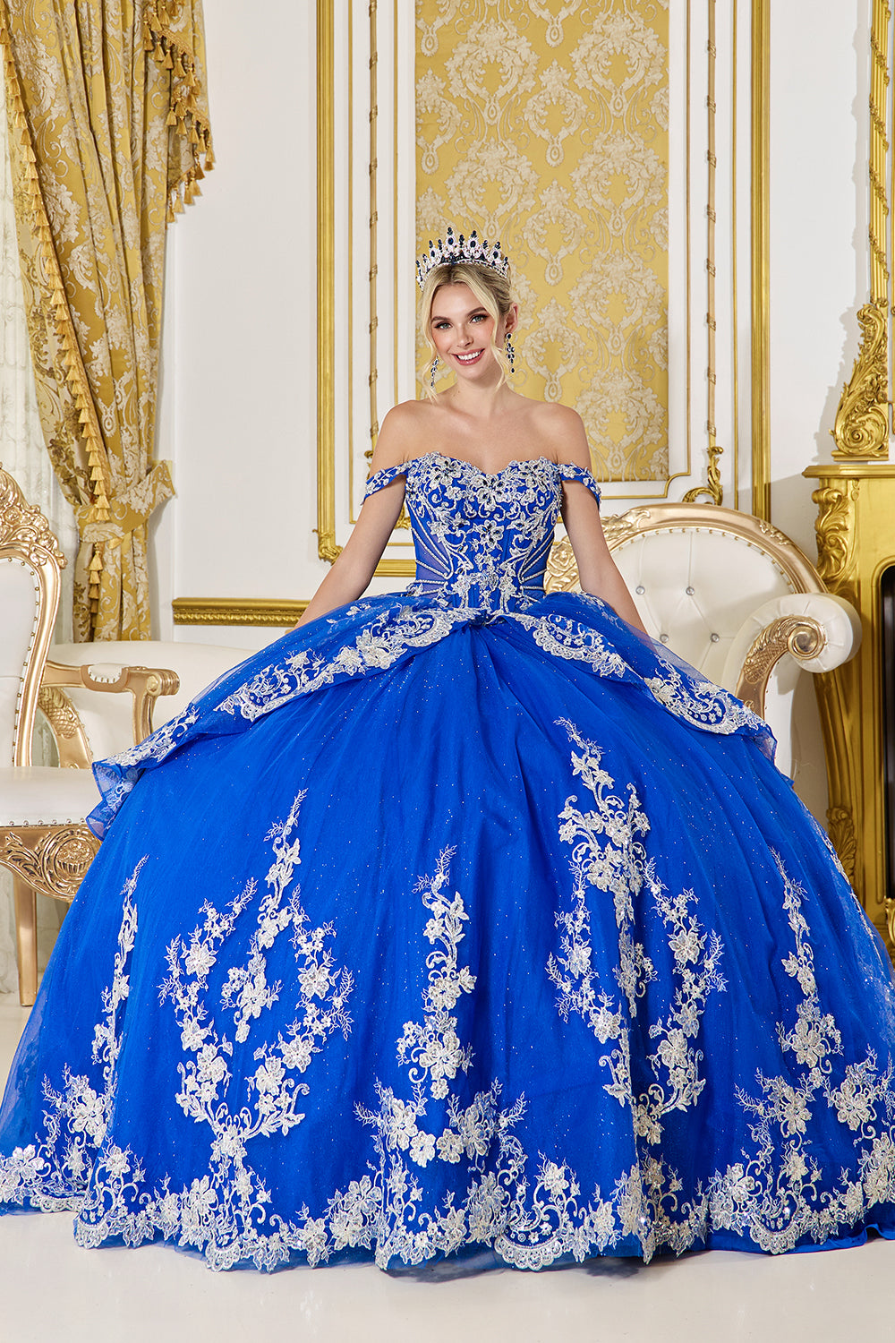 Off Shoulder Corset Ball Gown with Glitter Tulle and Applique Skirt (5142)