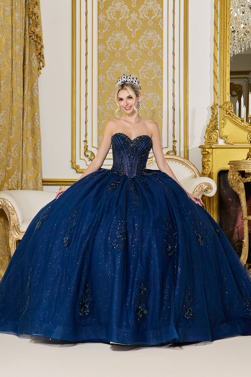 Strapless Sweetheart Corset Ball Gown with Glitter Applique Tulle Skirt (5144)