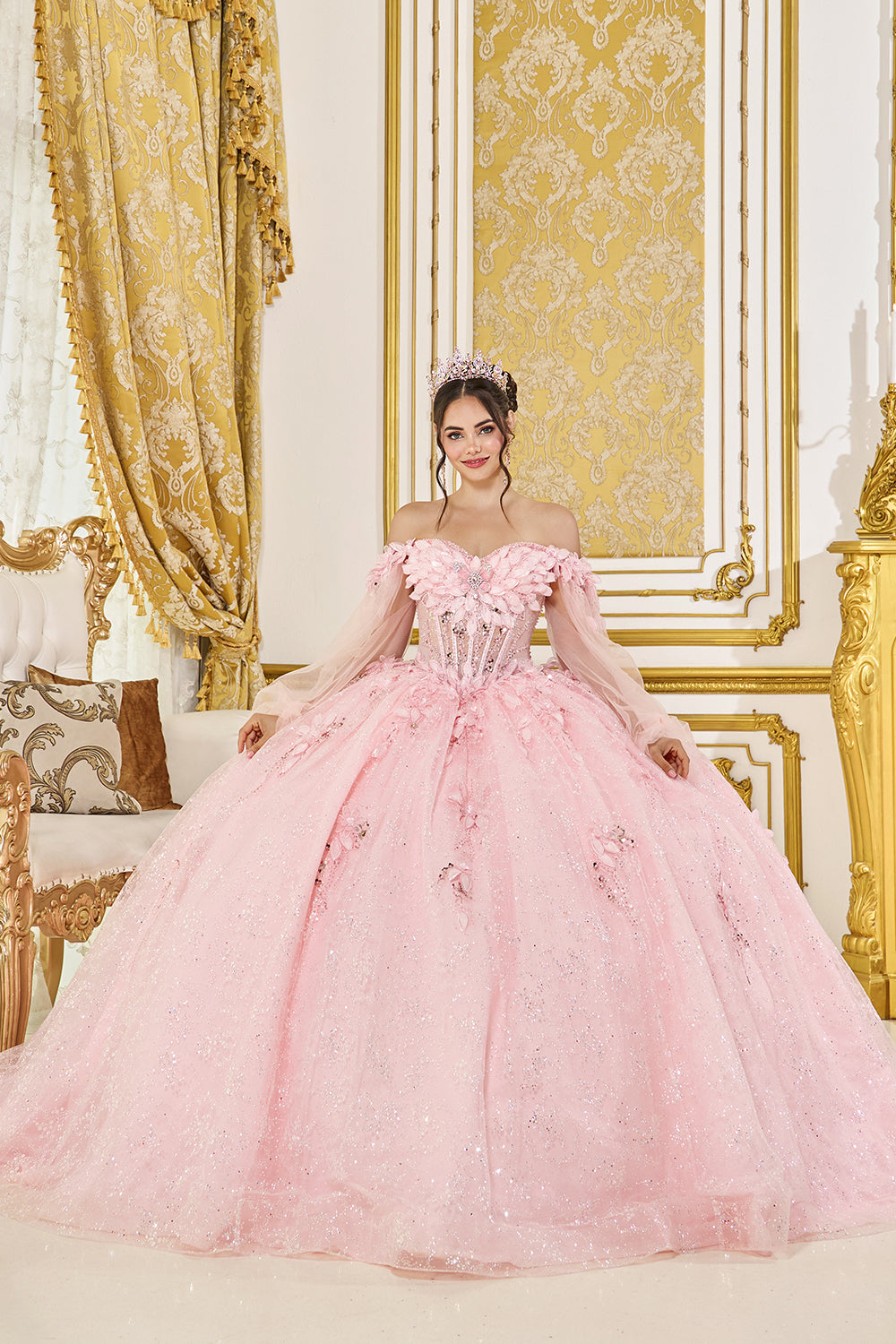 Off Shoulder Sweetheart Corset Ball Gown with 3D Floral Applique (5145)