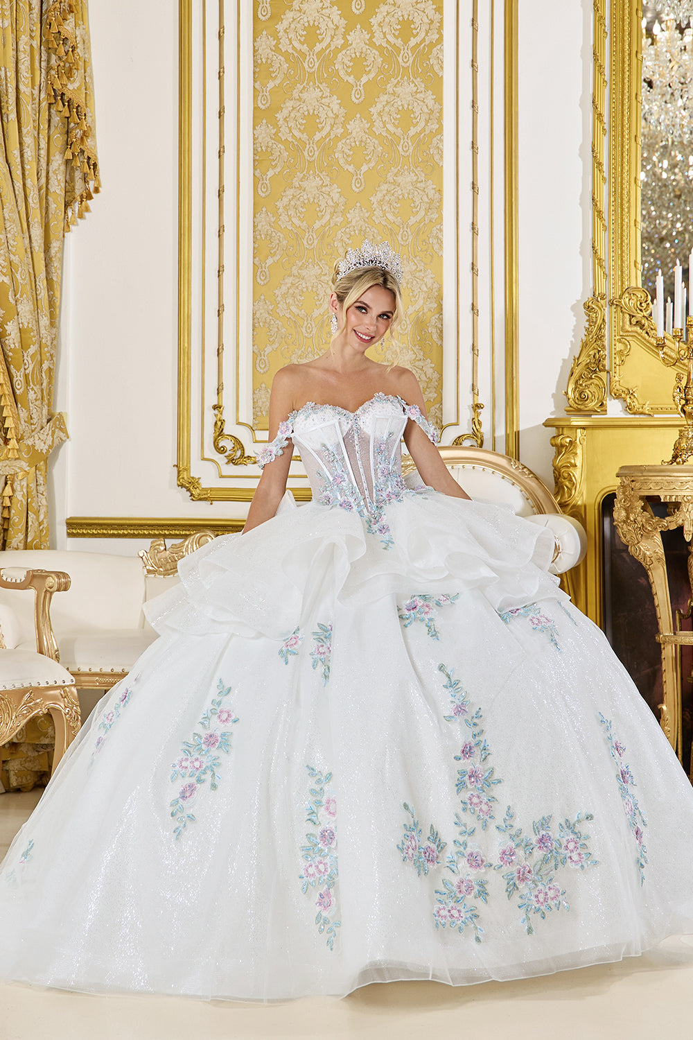 Off Shoulder Floral Corset Ball Gown with Glitter Tulle Skirt (5147)