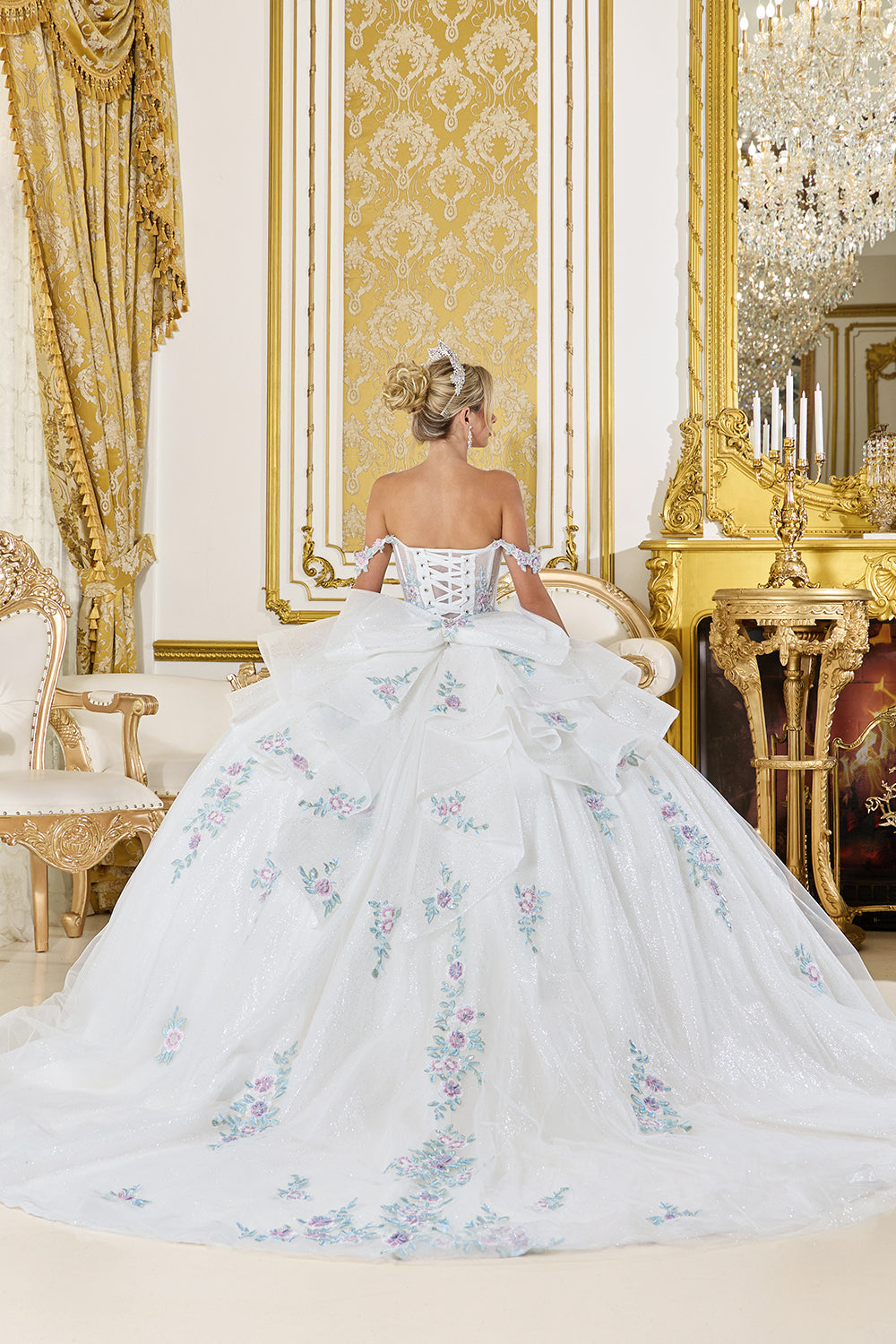 Off Shoulder Floral Corset Ball Gown with Glitter Tulle Skirt (5147)