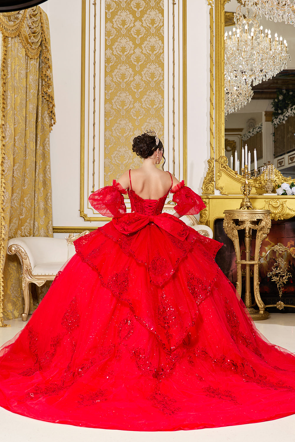 Sweetheart Corset Ball Gown with Detachable Puff Sleeves and Layered Glitter Tulle Skirt (5153)