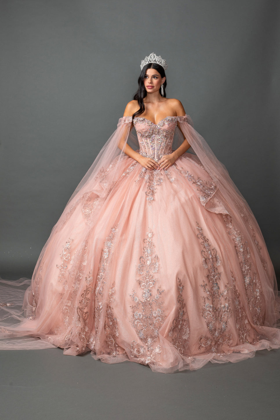 Off Shoulder Sweetheart Corset Ball Gown with Floral Applique and Glitter Tulle Skirt (5158)