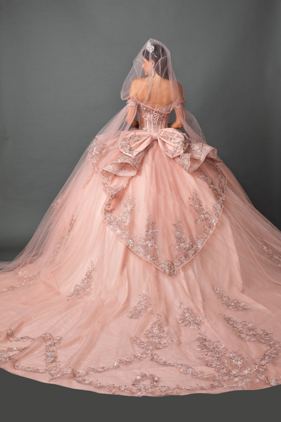 Off Shoulder Sweetheart Corset Ball Gown with Floral Applique and Glitter Tulle Skirt (5158)