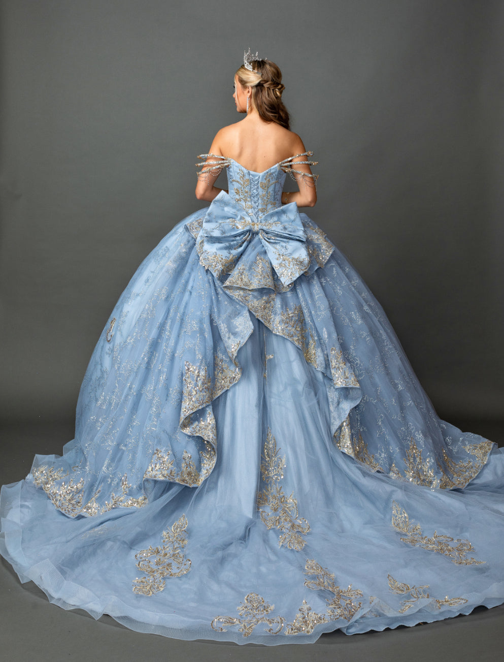Off-Shoulder Quinceañera Ball Gown with Embroidered Appliqué and Oversized Bow (5164)