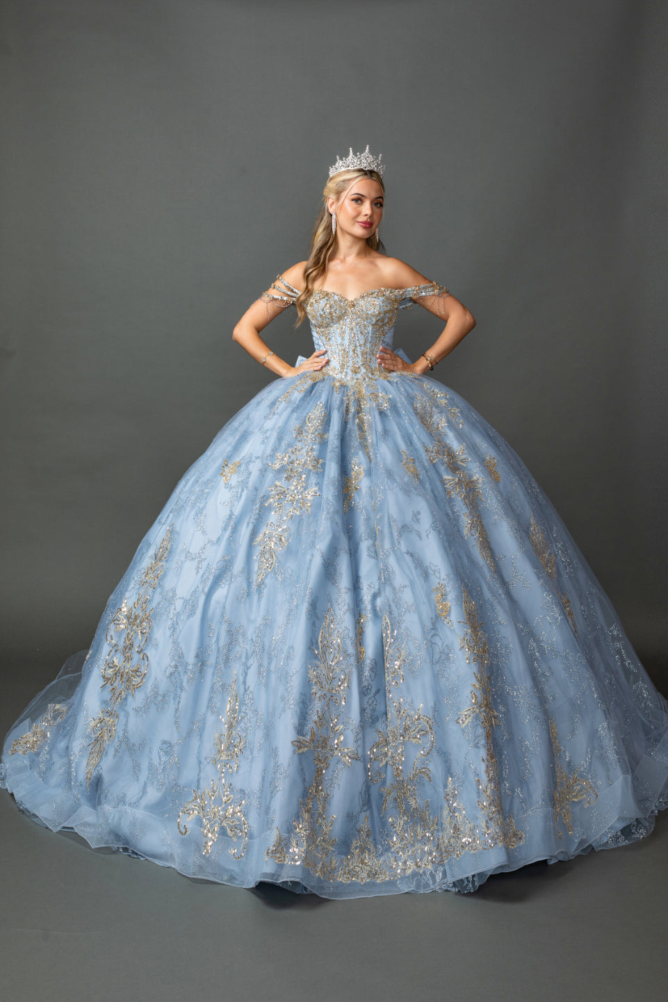 Off-Shoulder Quinceañera Ball Gown with Embroidered Appliqué and Oversized Bow (5164)