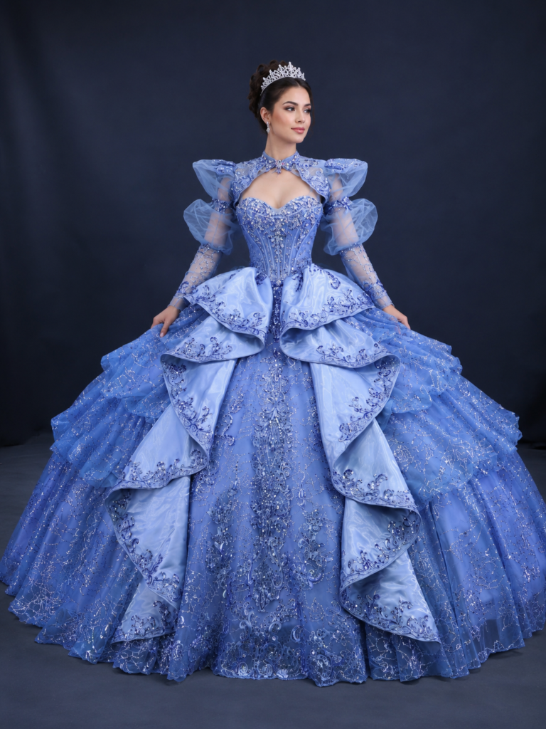 Royal High-Neck Quinceañera Ball Gown with Puff Sleeves and Oversized Bow (5180)
