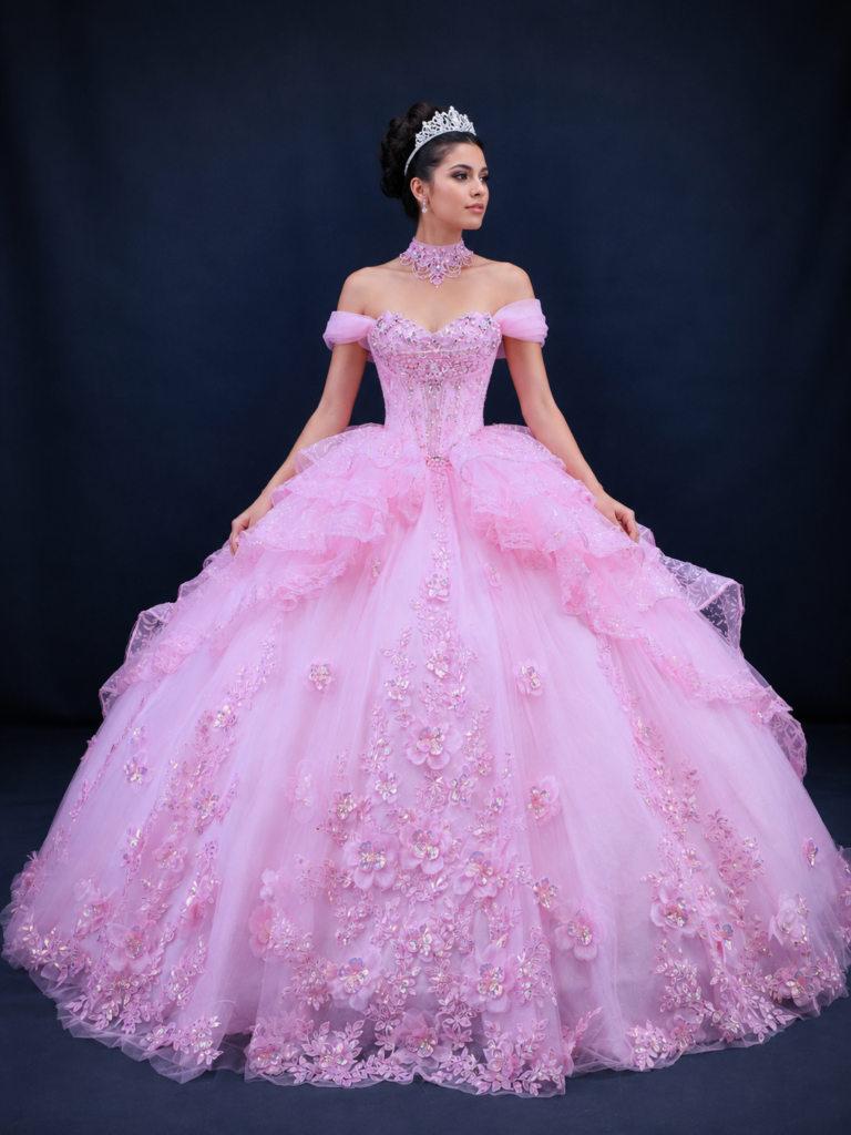 Fairytale Off-Shoulder Quinceañera Ball Gown with 3D Floral Appliqué (5182)