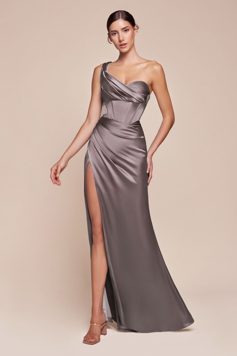 One Shoulder Satin Corset Gown (7448)