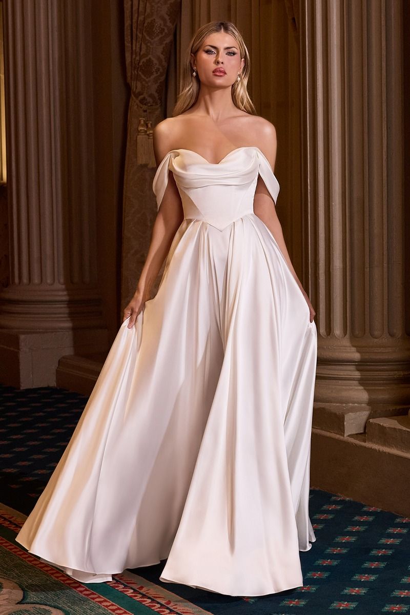 Off the Shoulder Satin A Line Bridal Gown (7449W)