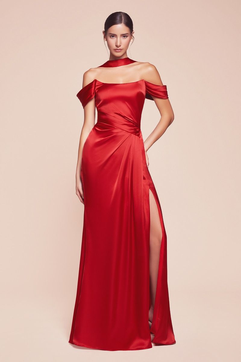 Off The Shoulder Lace Up Corset Satin Gown (7452) Red / 10