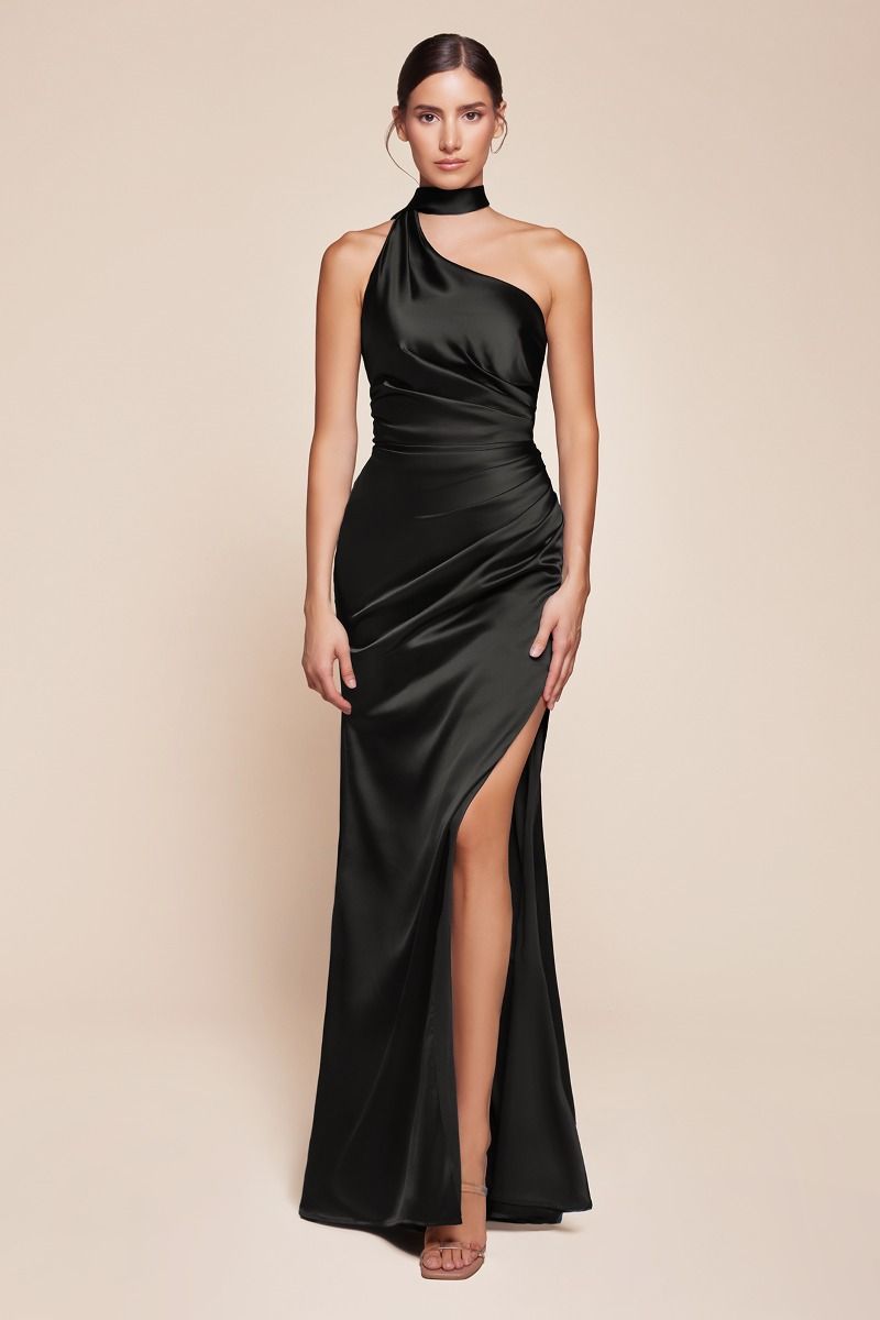 Elegant Wrap Halter Satin Gown with One Shoulder and Slit (7454)