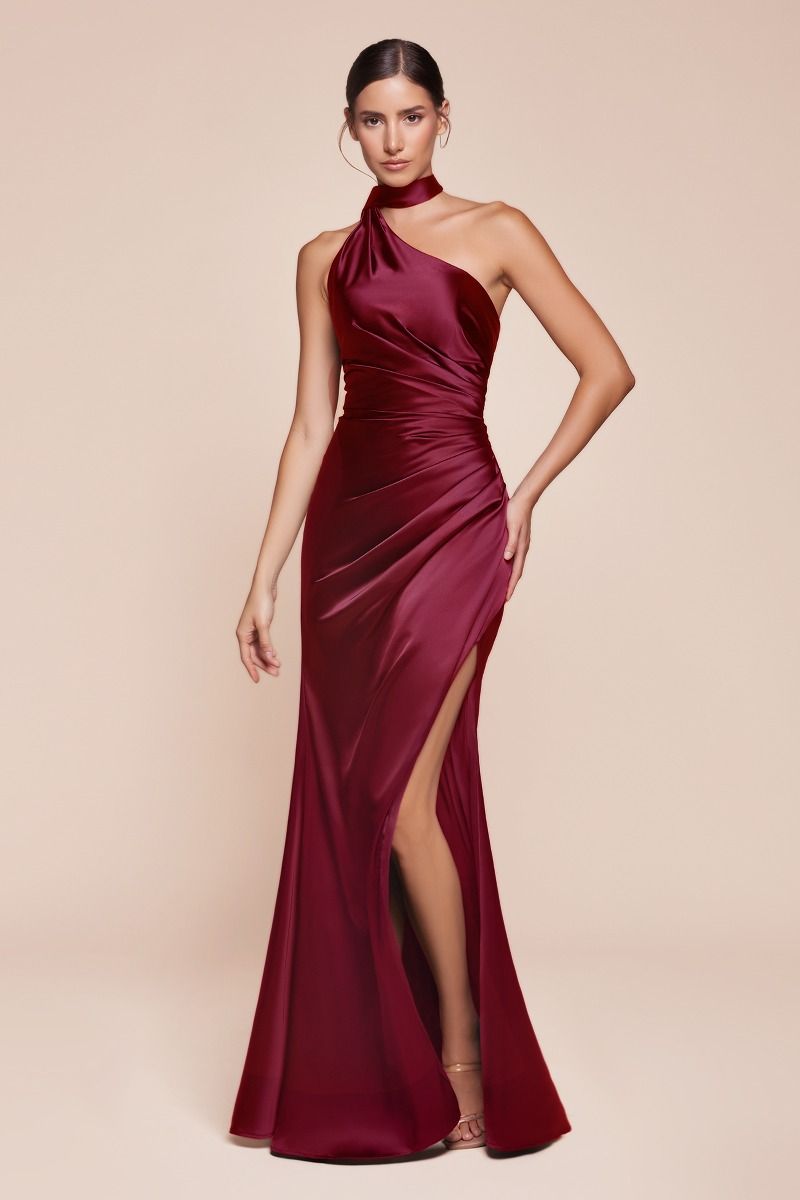 Elegant Wrap Halter Satin Gown with One Shoulder and Slit (7454)
