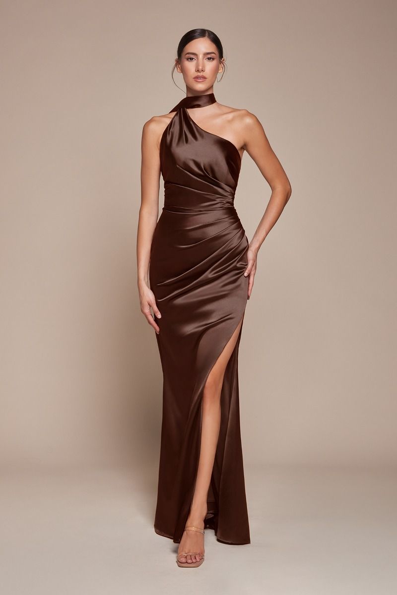 Elegant Wrap Halter Satin Gown with One Shoulder and Slit (7454)